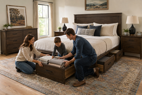 Family placing folded blankets into drawers beneath a storage bed