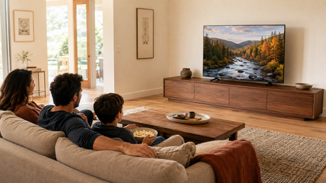 Couple and child enjoying TV together with a properly sized wide wood media console