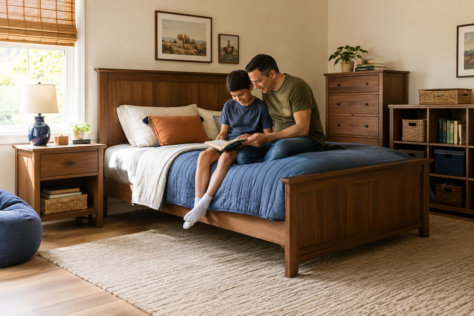 Parent and school-age child reading together on a wood bed in a warm kids bedroom