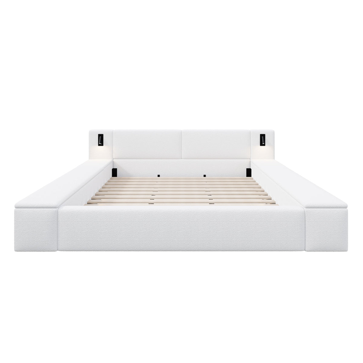 Upholstered Platform Bed Frame With Hidden Storage, Built-In Nightstands & LED Reading Lights