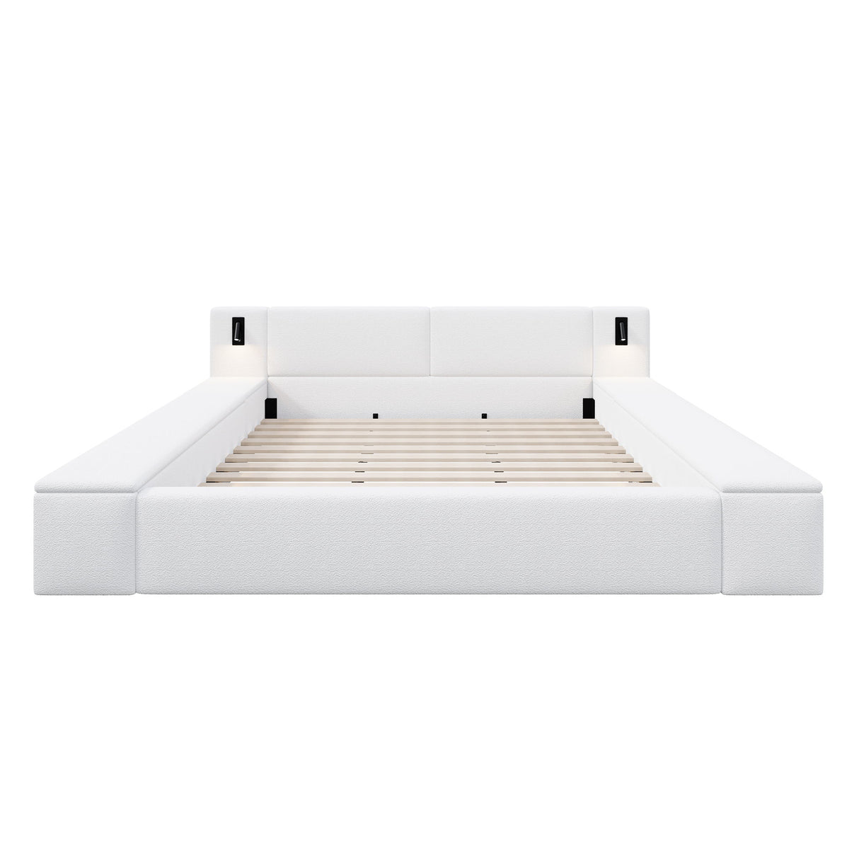 Upholstered Platform Bed Frame With Hidden Storage, Built-In Nightstands & LED Reading Lights