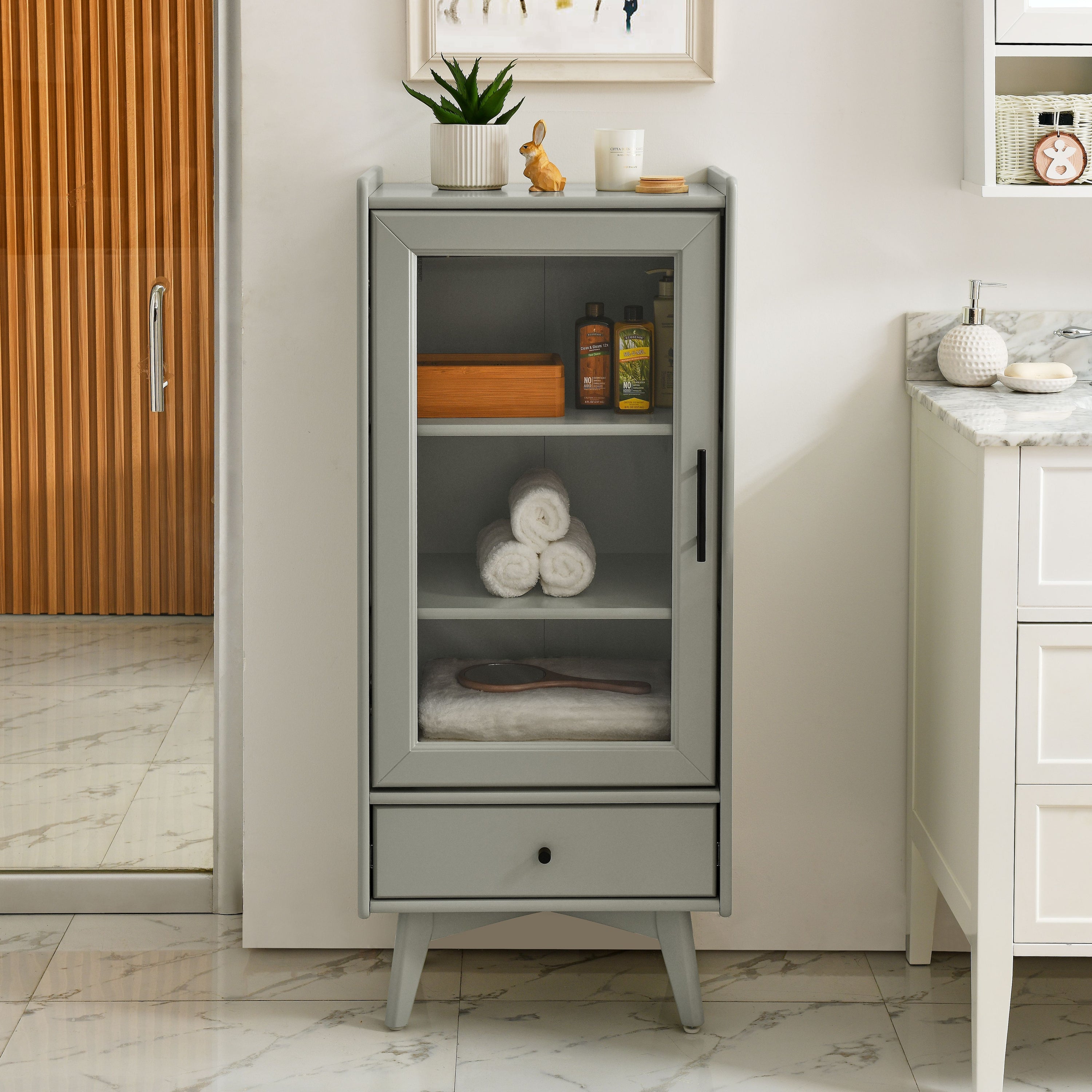 Modern Bathroom Storage Cabinet & Floor Standing Cabinet With Glass Door With Double Adjustable Shelves And One Drawer, Extra Storage Space On Top - Gray