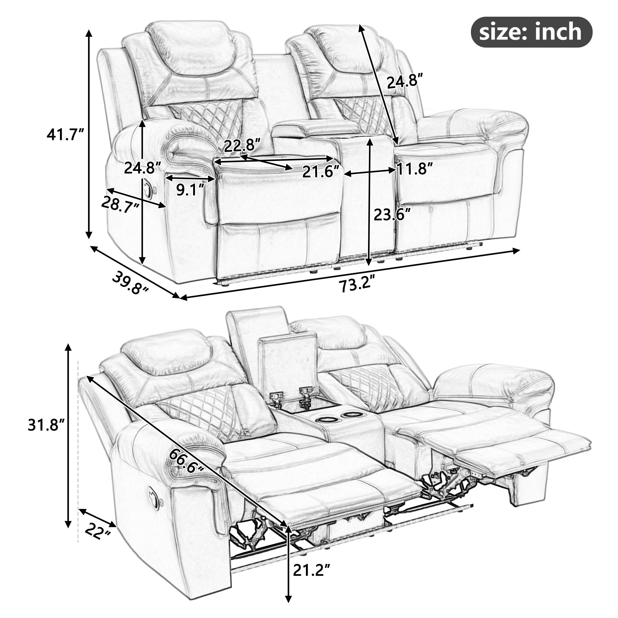 Home Theater Seating Manual Recliner Loveseat With Hide-Away Storage, Cup Holders And Led Light Strip For Living Room