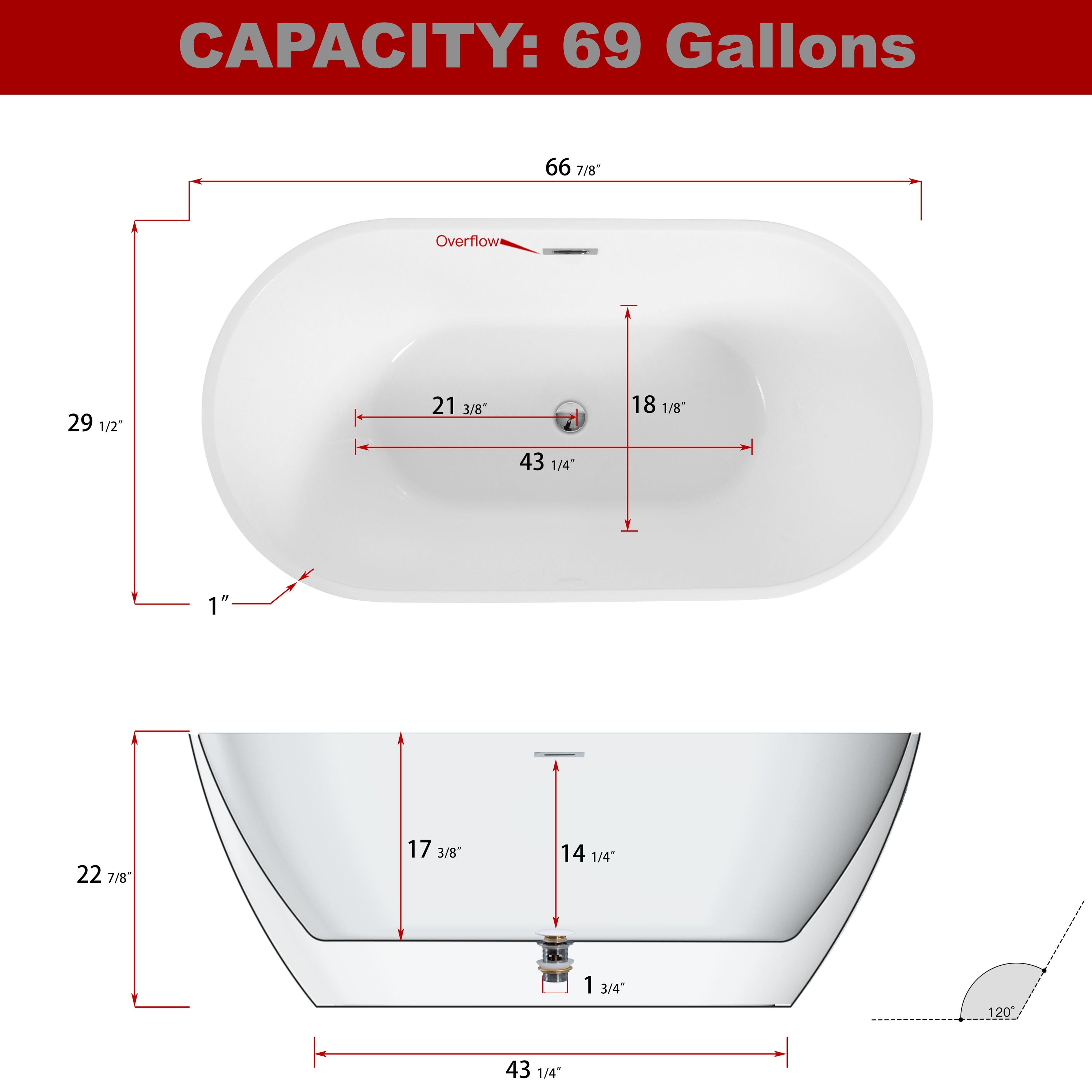 Smooth Acrylic Freestanding Soaking Bathtub With Chrome Overflow And Drain, Cupc Certified 22A09-67 - White