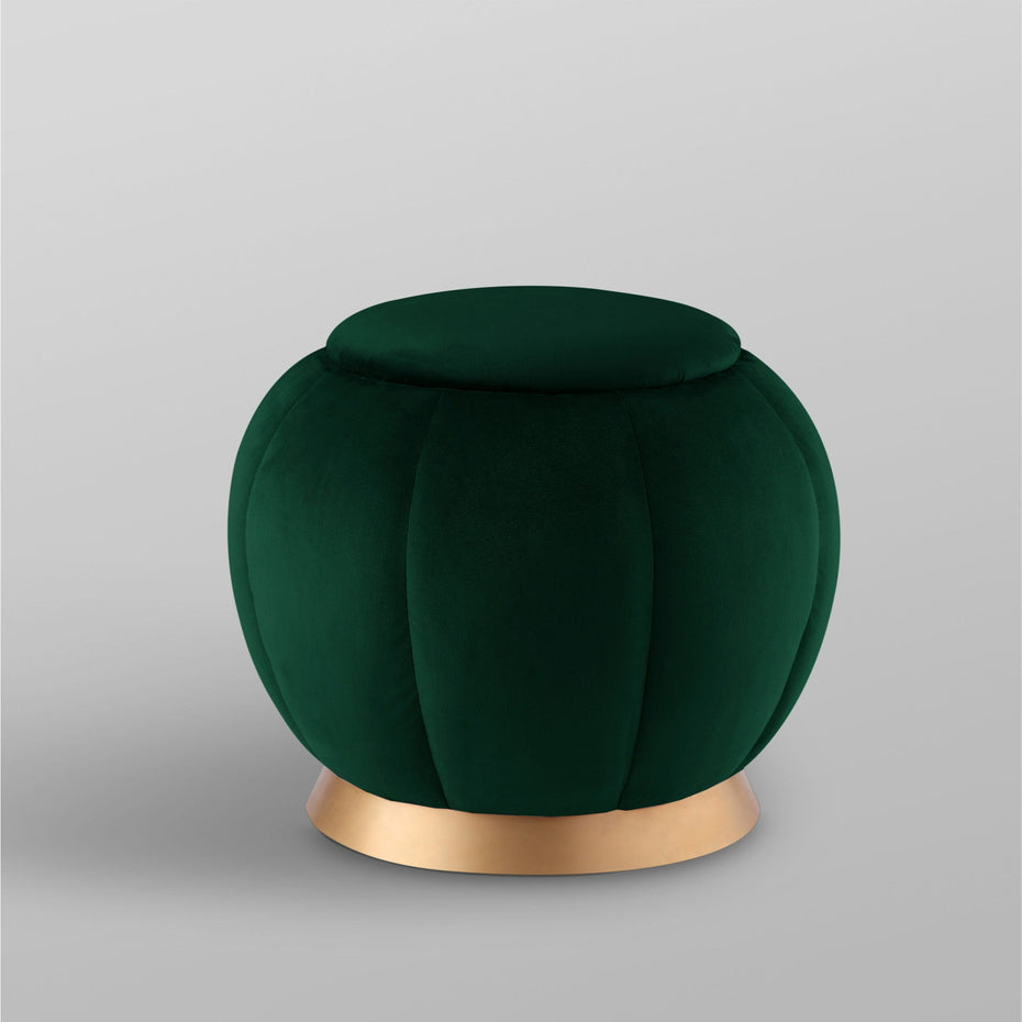 Velvet Round Ottoman - Hunter Green / Gold