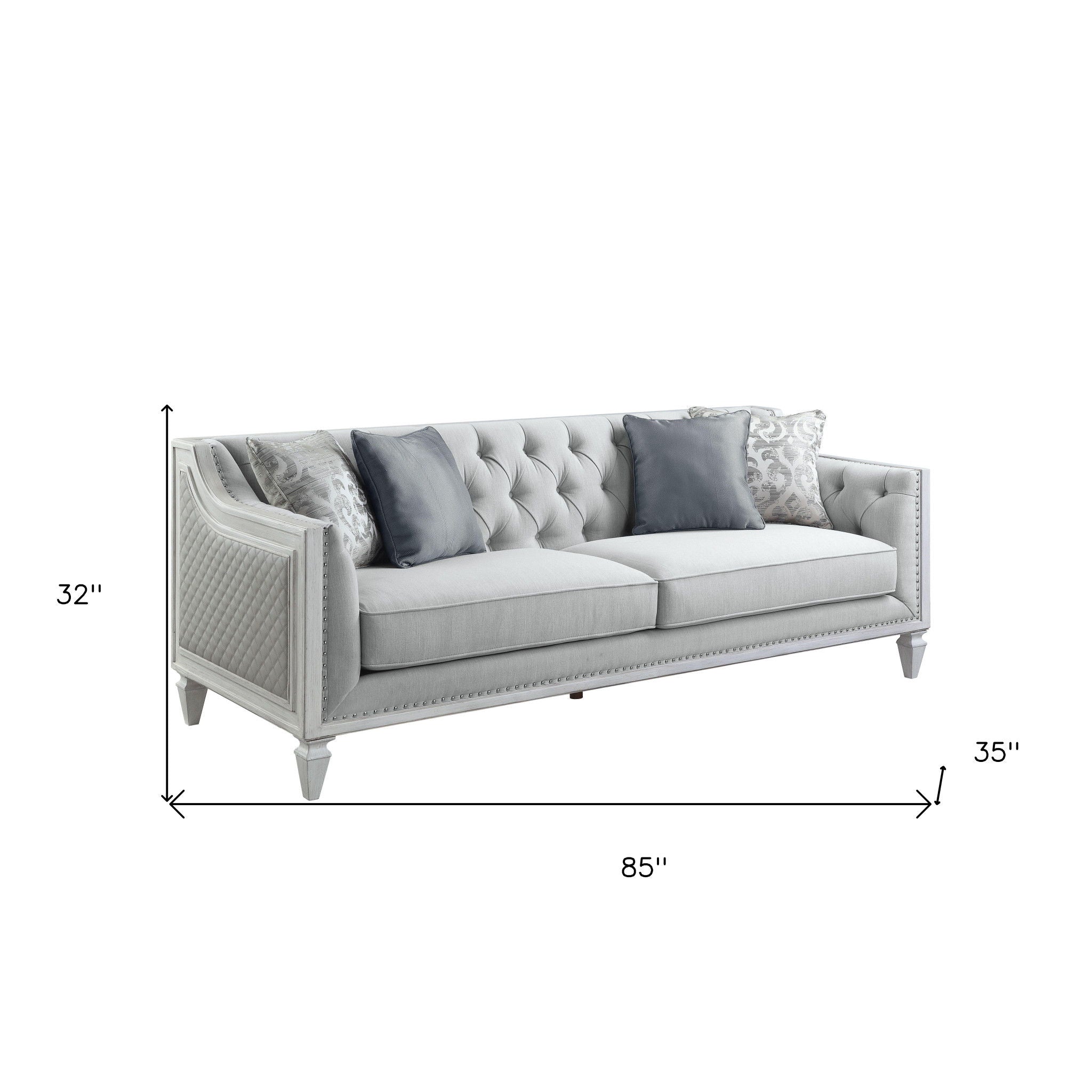 Linen And White Sofa With Four Toss Pillows - Light Gray