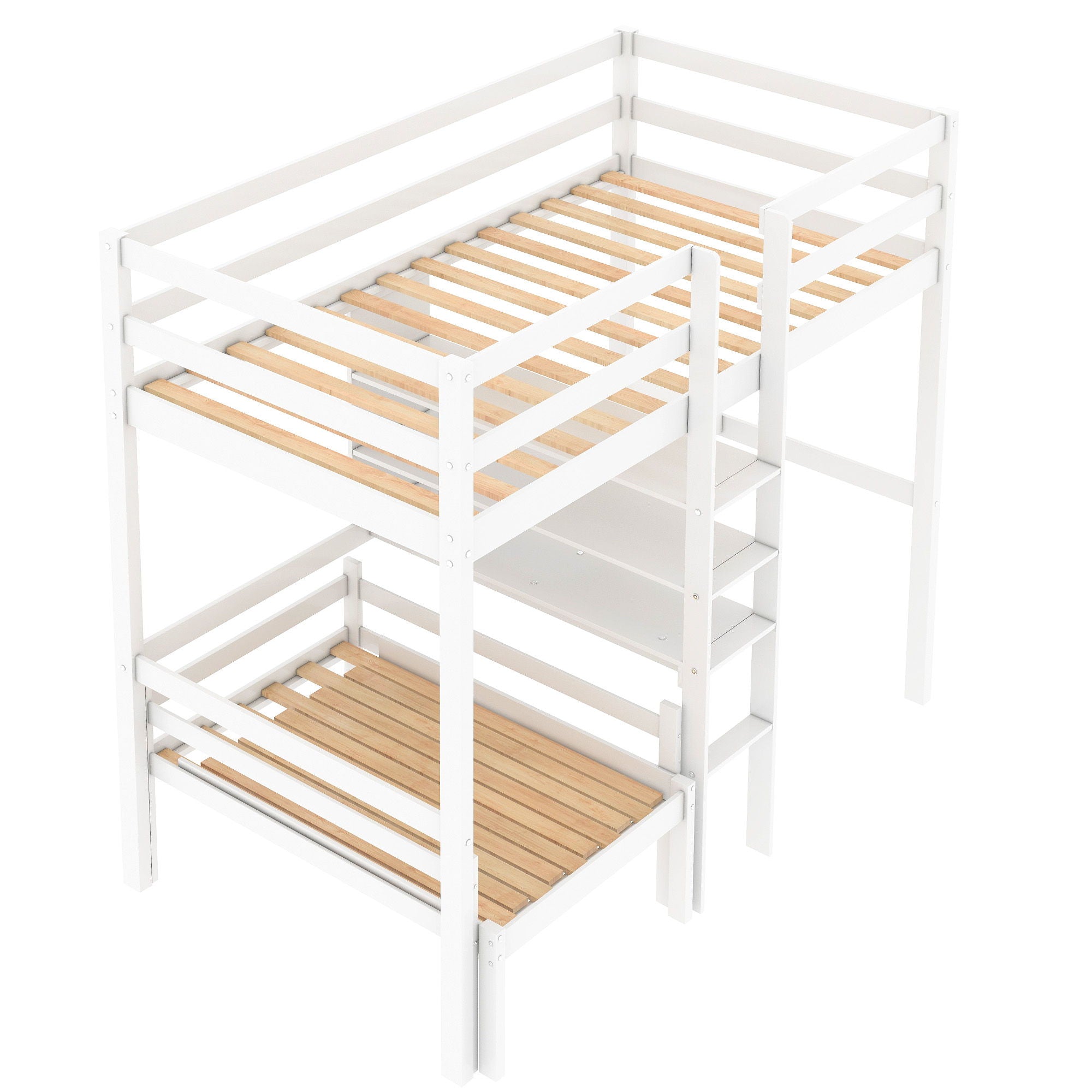 Convertible Loft Bed With L-Shape Desk, Twin Bunk Bed With Shelves And Ladder - White