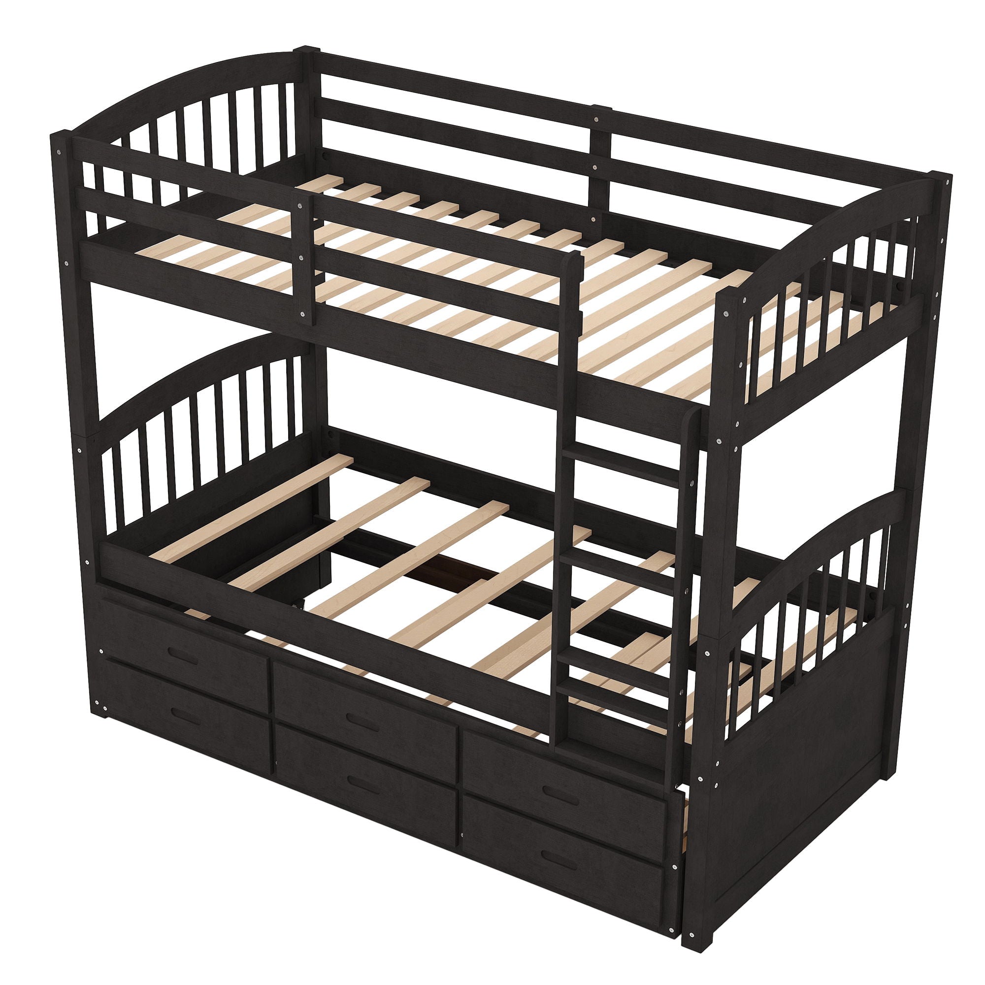 Twin Over Twin Wood Bunk Bed With Trundle And Drawers - Espresso