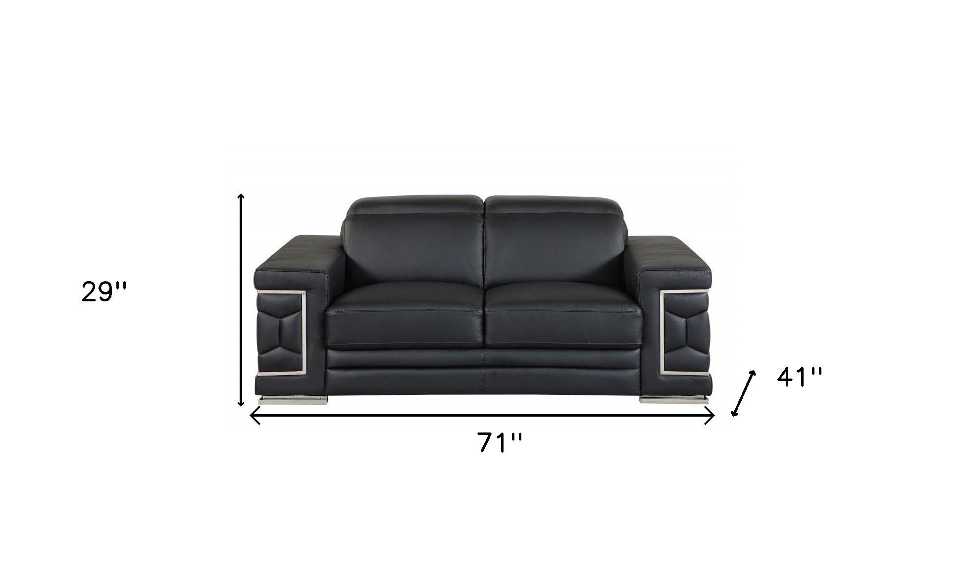 Genuine Leather Love Seat - Black / Silver