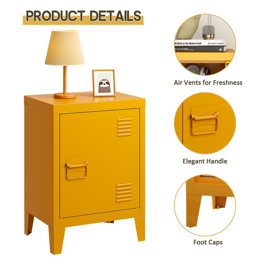 Modern Nightstand Durable Metal Bedside Storage Cabinet With Shelf, End Side Table For Living Room And Bedroom - Yellow