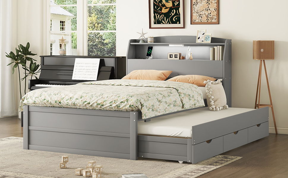 Wooden LED Platform Bed With Trundle, With Storage Headboard, With Drawers