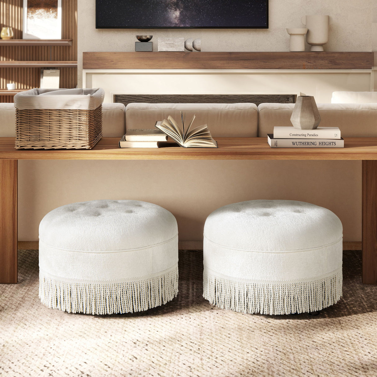Yolanda - Round Upholstered Accent Ottoman - Almond White by Jennifer Taylor Home | Bel Furniture