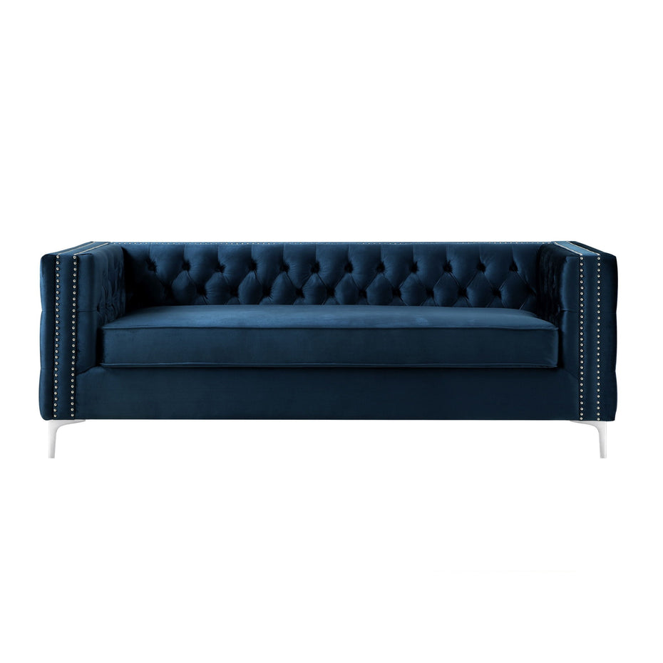 Velvet Sofa With Silver Legs - Navy Blue