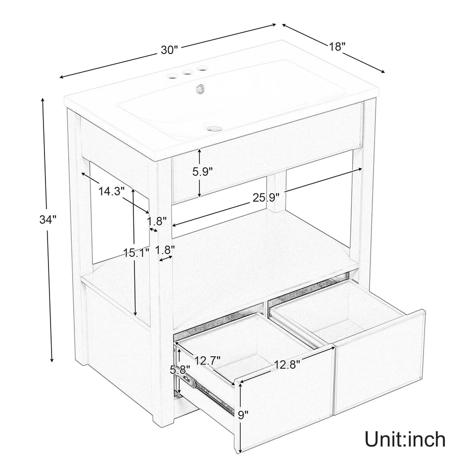 Bathroom Vanity With Sink Top, Bathroom Cabinet With Open Storage Shelf And Two Drawers - Brown