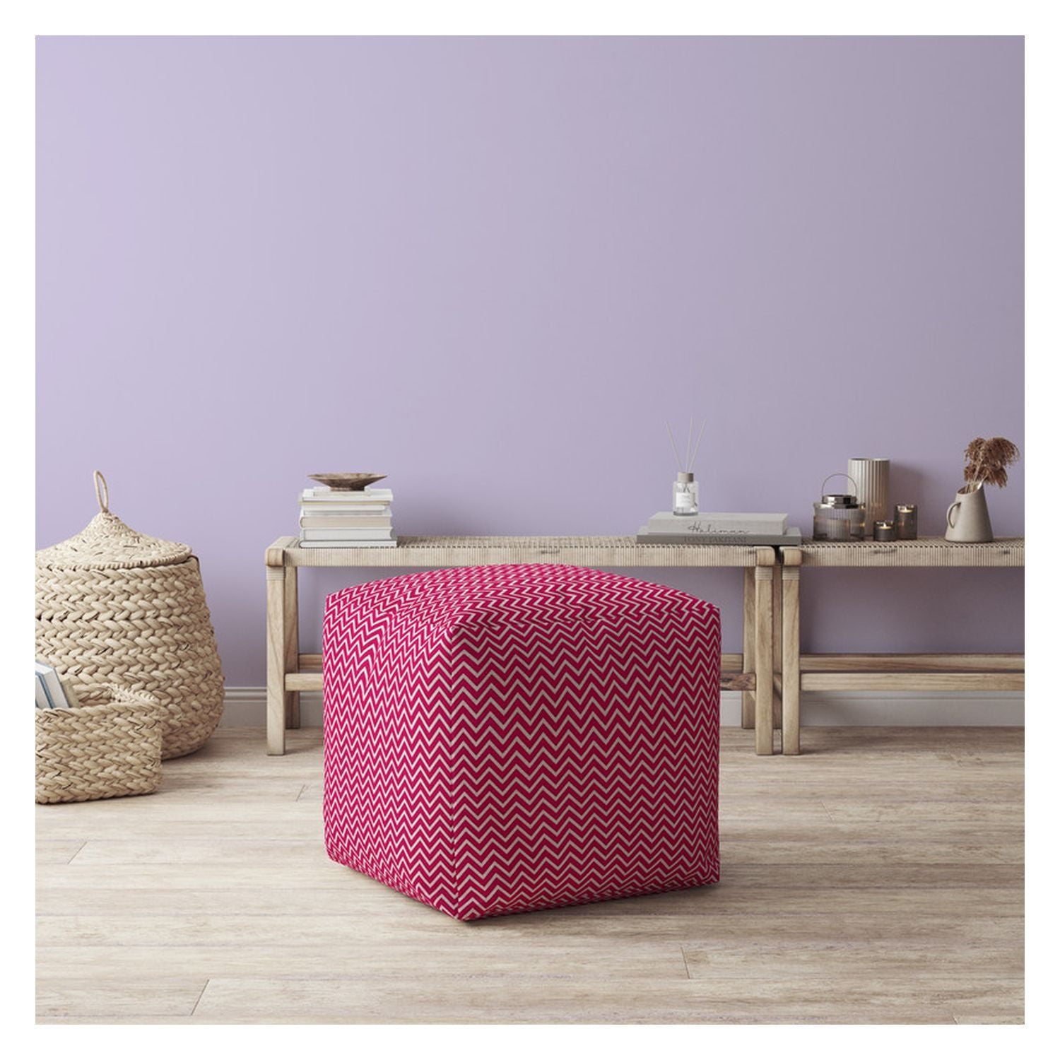 Cotton Chevron Pouf Cover - Pink