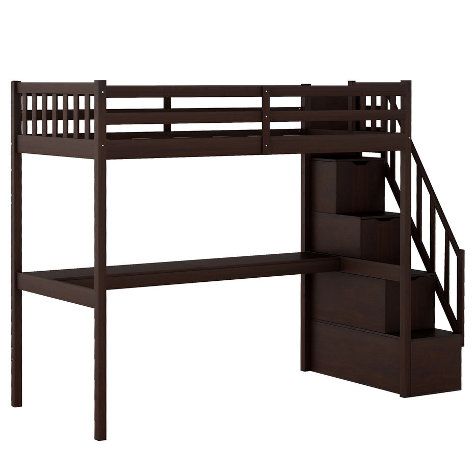 Twin Size Loft Bed with Built In Desk and Stairway - Espresso