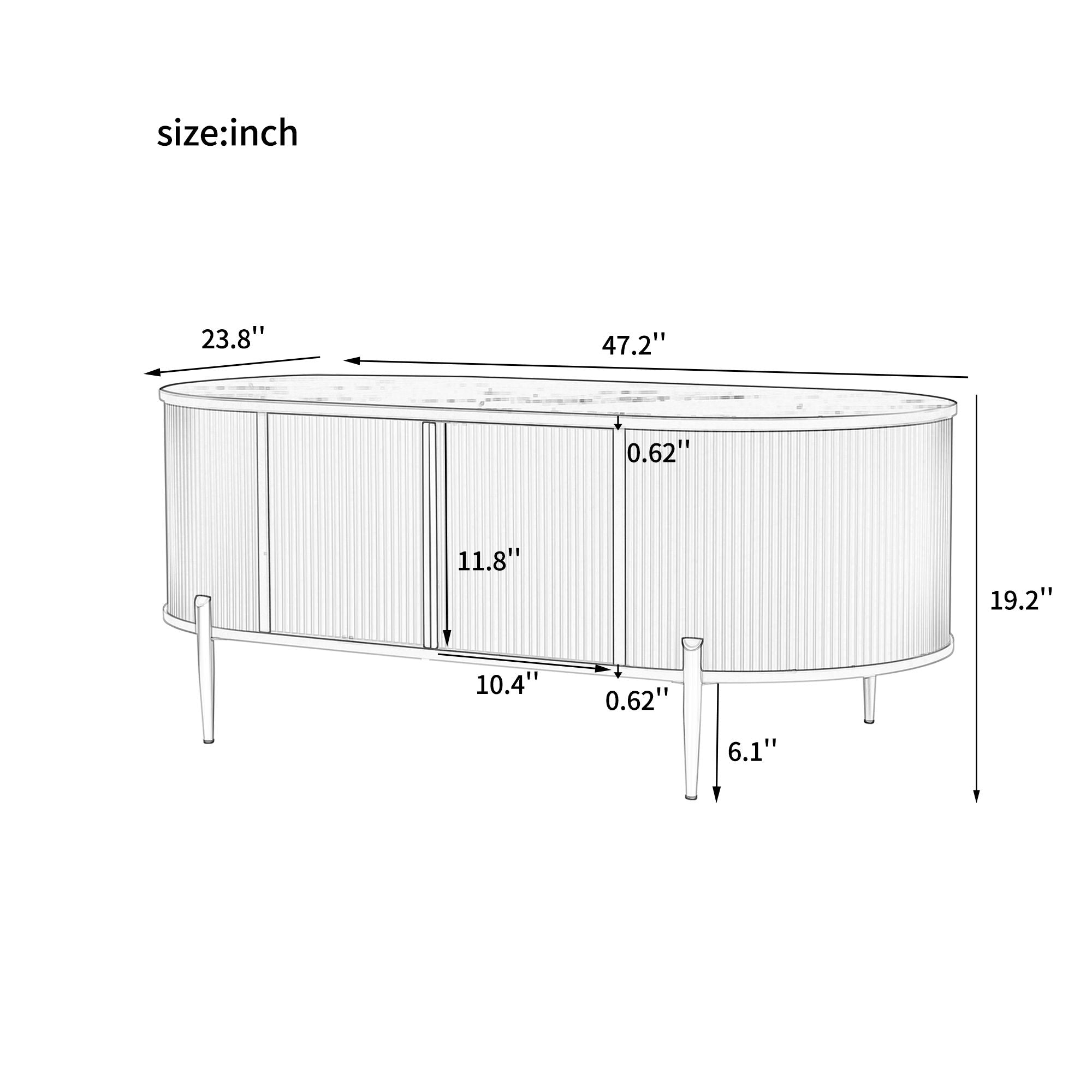 Modern Luxury Oval Shaped Fluted Coffee Table, Marble - Patterned Top Coffee Table With 2 Cabinets, Metal Legs And Handles For Living Room