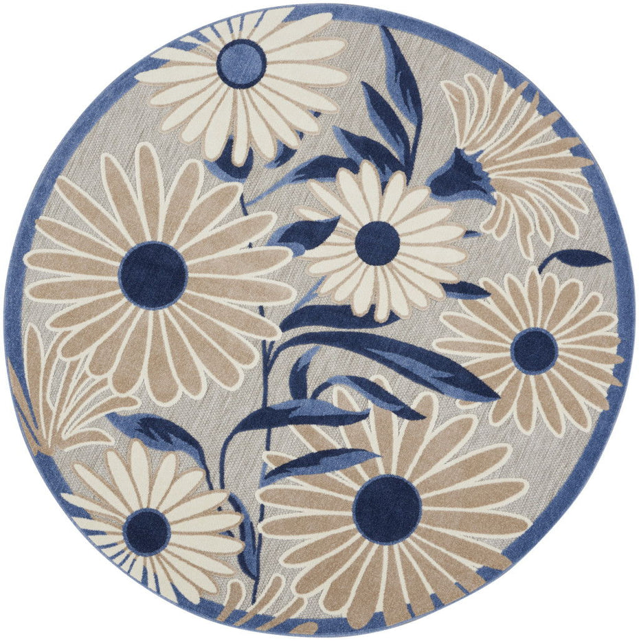 8' Round Floral Power Loom Rug - Blue / Orange