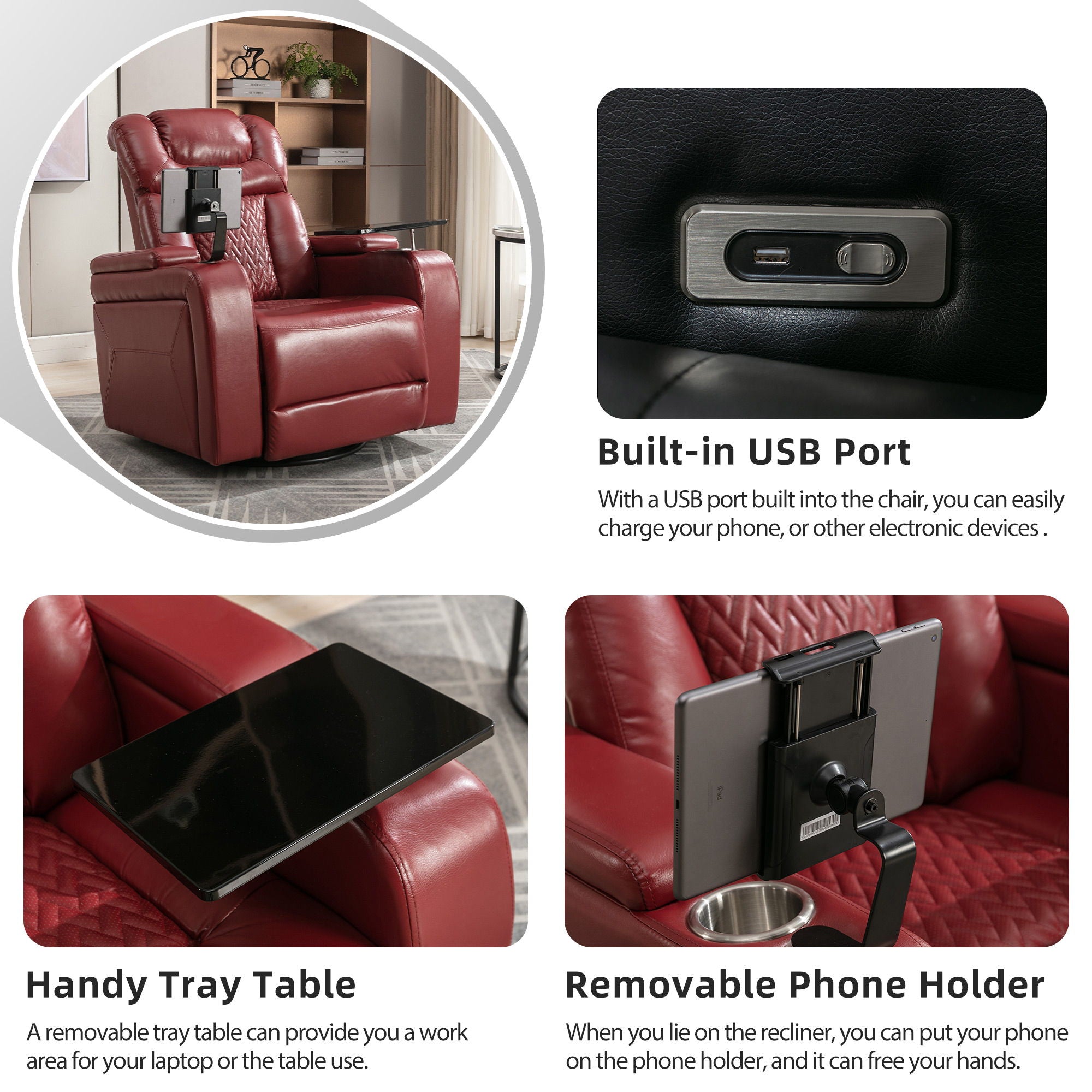 270° Swivel Power Recliner Individual Seat Home Theater Recliner With Comforable Backrest, Tray Table, Phone Holder, Cup Holder, USB Port, Hidden Arm Storage For Living Room