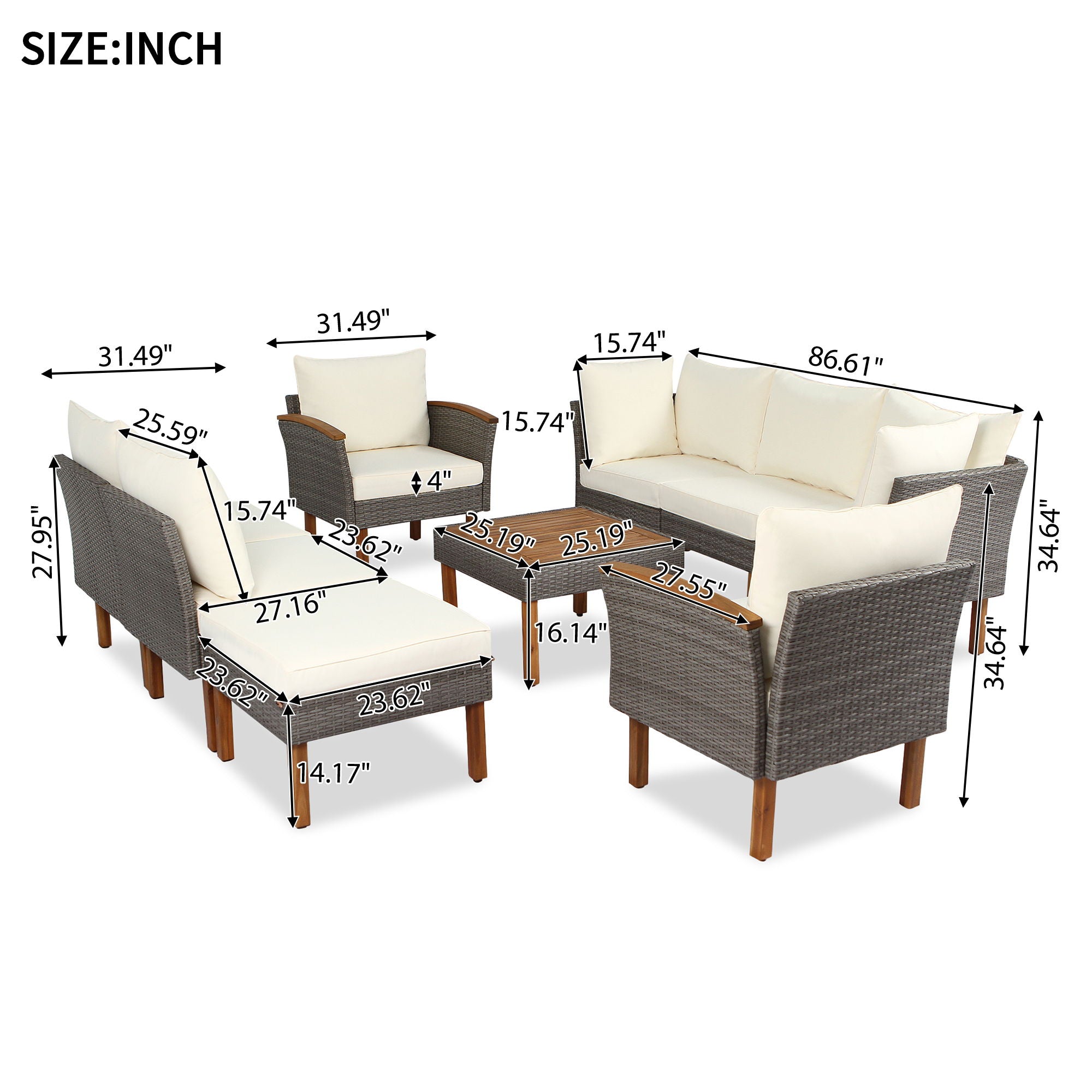 9 Piece Patio Rattan Furniture Set, Outdoor Conversation Set With Acacia Wood Legs And Tabletop, PE Rattan Sectional Sofa Set With Coffee Table, Washable Cushion