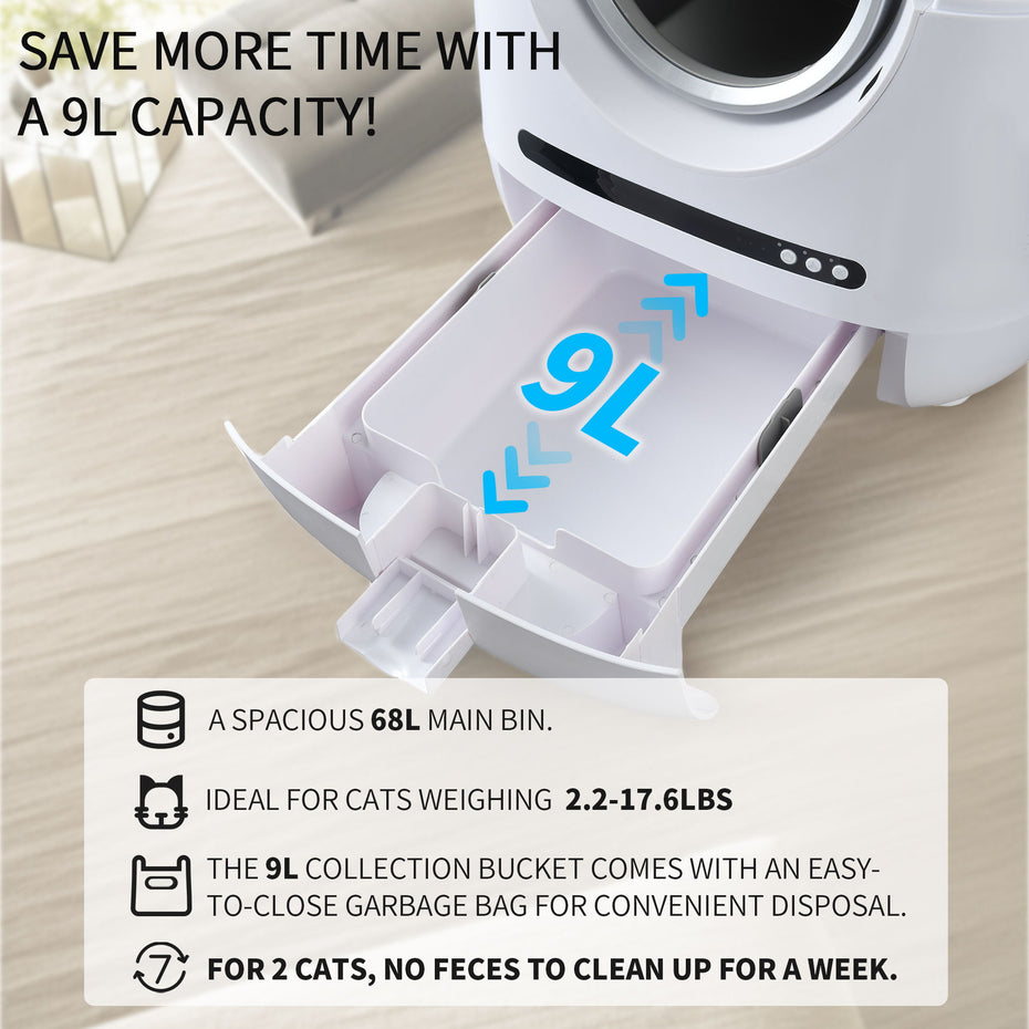 Self-Cleaning Cat Litter Box, 68L+9L, Suitable For A Variety Of Cat Litter, App Control, Real-Time Video, Photo And Video, Safe And Reliable, Ionic Deodorization, With Exhaust Hose, Support Wifi - White