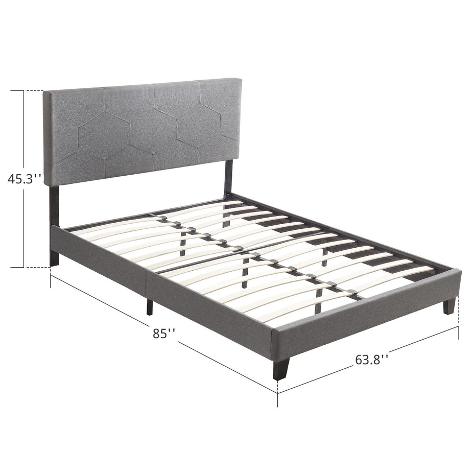 Queen Size Upholstered Platform Bed Frame, Wood Slat Support - Gray