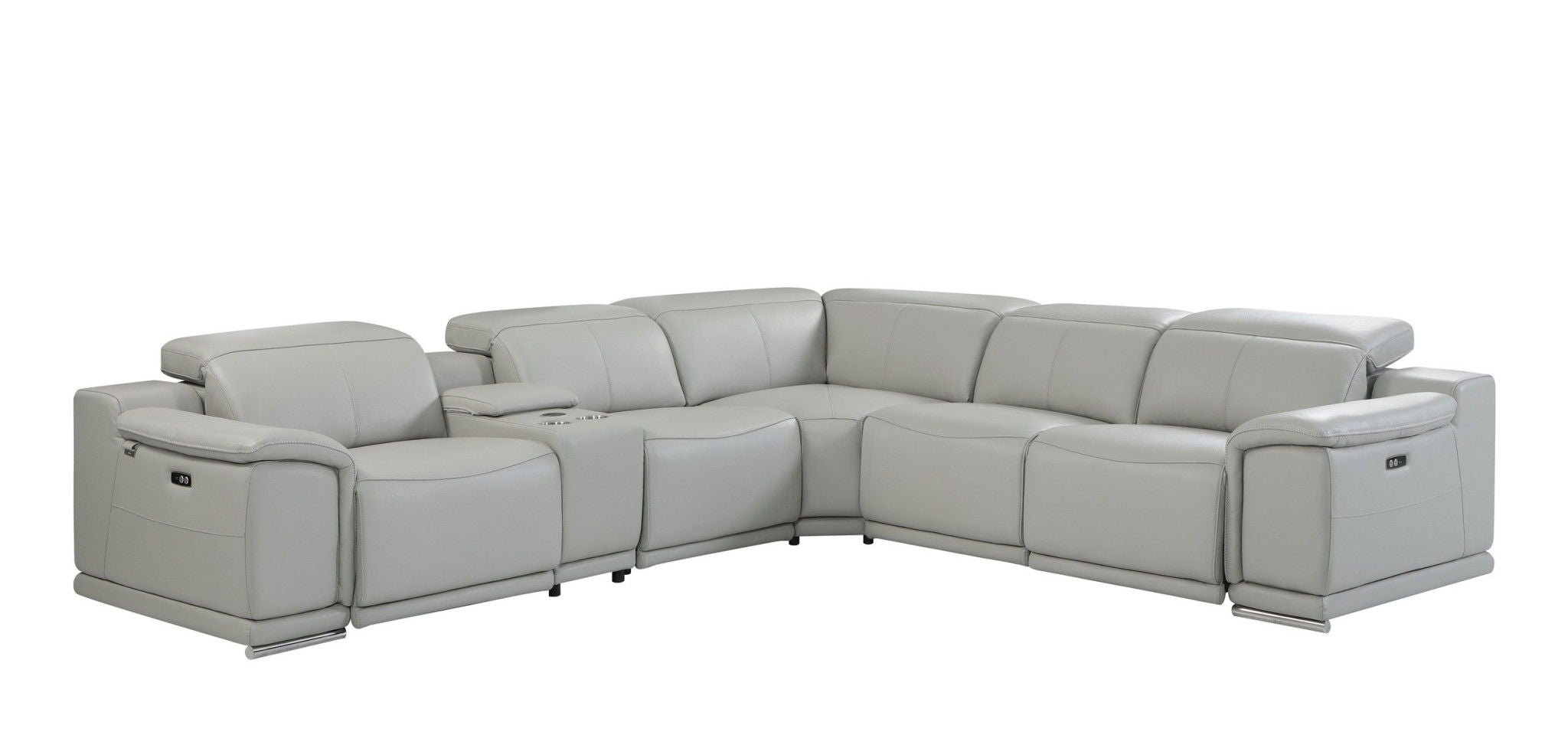 Italian Leather Power Reclining U Shaped Six Piece Corner Sectional With Console - Light Gray