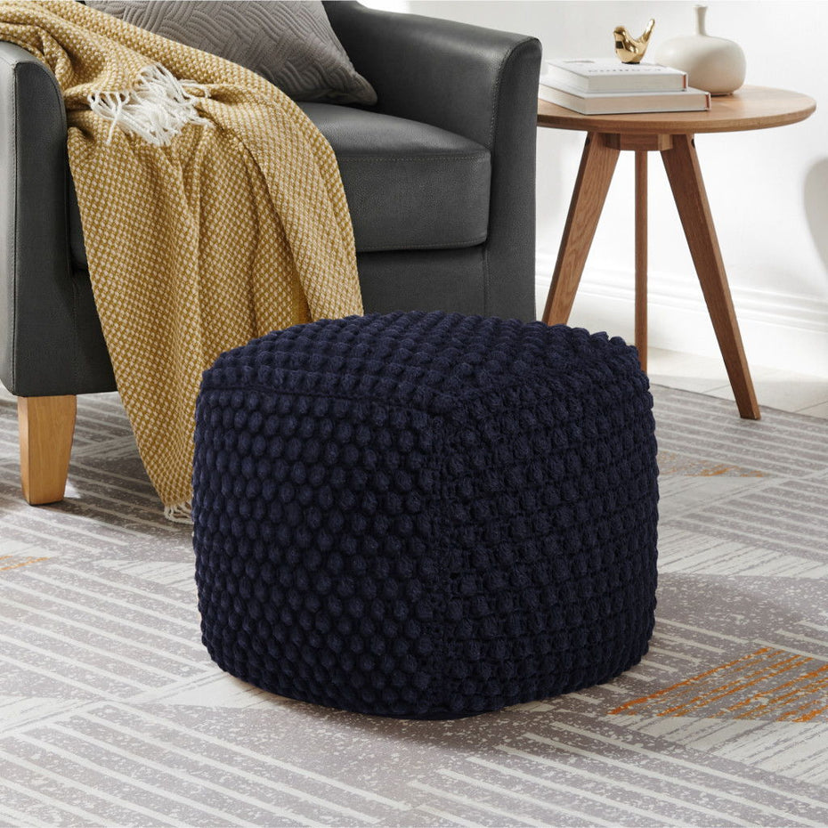 Cotton Blend Pouf Ottoman - Navy Blue