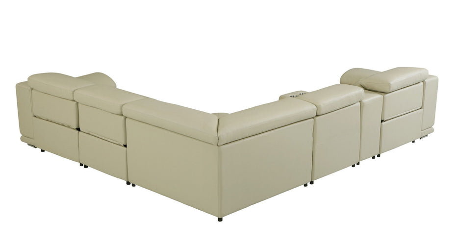 Italian Leather Power Reclining U Shaped Six Piece Corner Sectional With Console - Beige