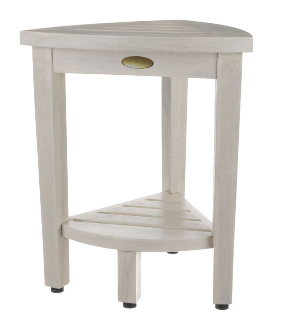 Compact Teak Corner Shower Stool With Shelf - Whitewash