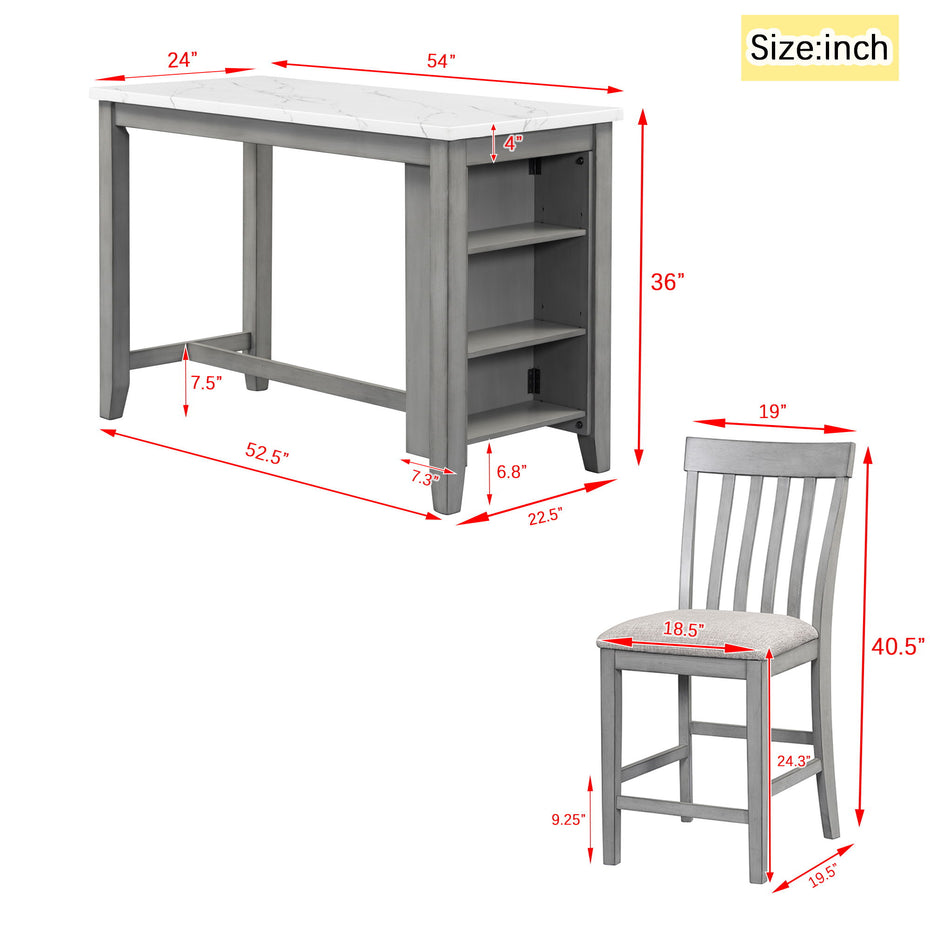 3-Piece Counter Height Dining Table Set With Built-In Storage Shelves, One Faux Marble Top Dining Table And 2 Counter Chairs With Footrest - Gray