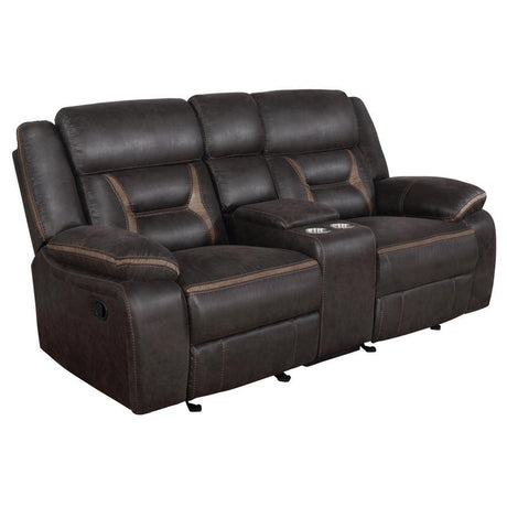 Greer - Upholstered Motion Reclining Loveseat Dark Brown by CoasterEveryday | Bel Furniture