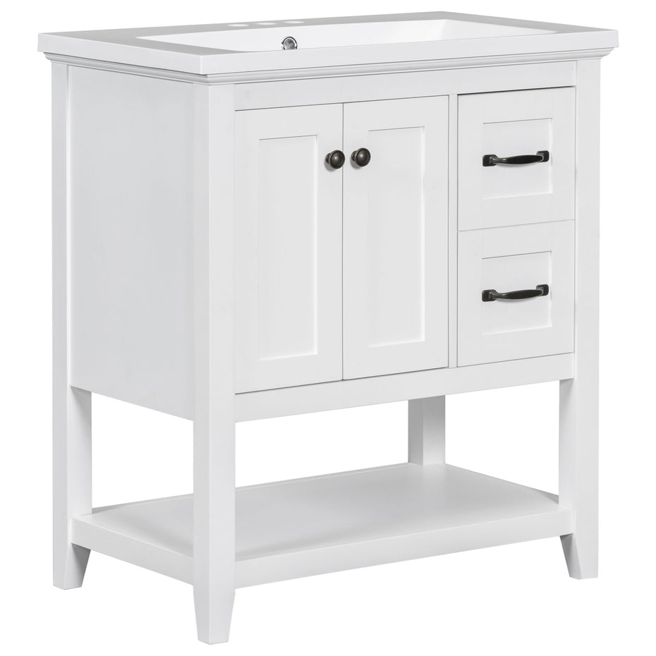 Bathroom Vanity With Ceramic Sink Top, Vanity Cabinet With Multi-Functional Drawer, Solid Wood Legs - White