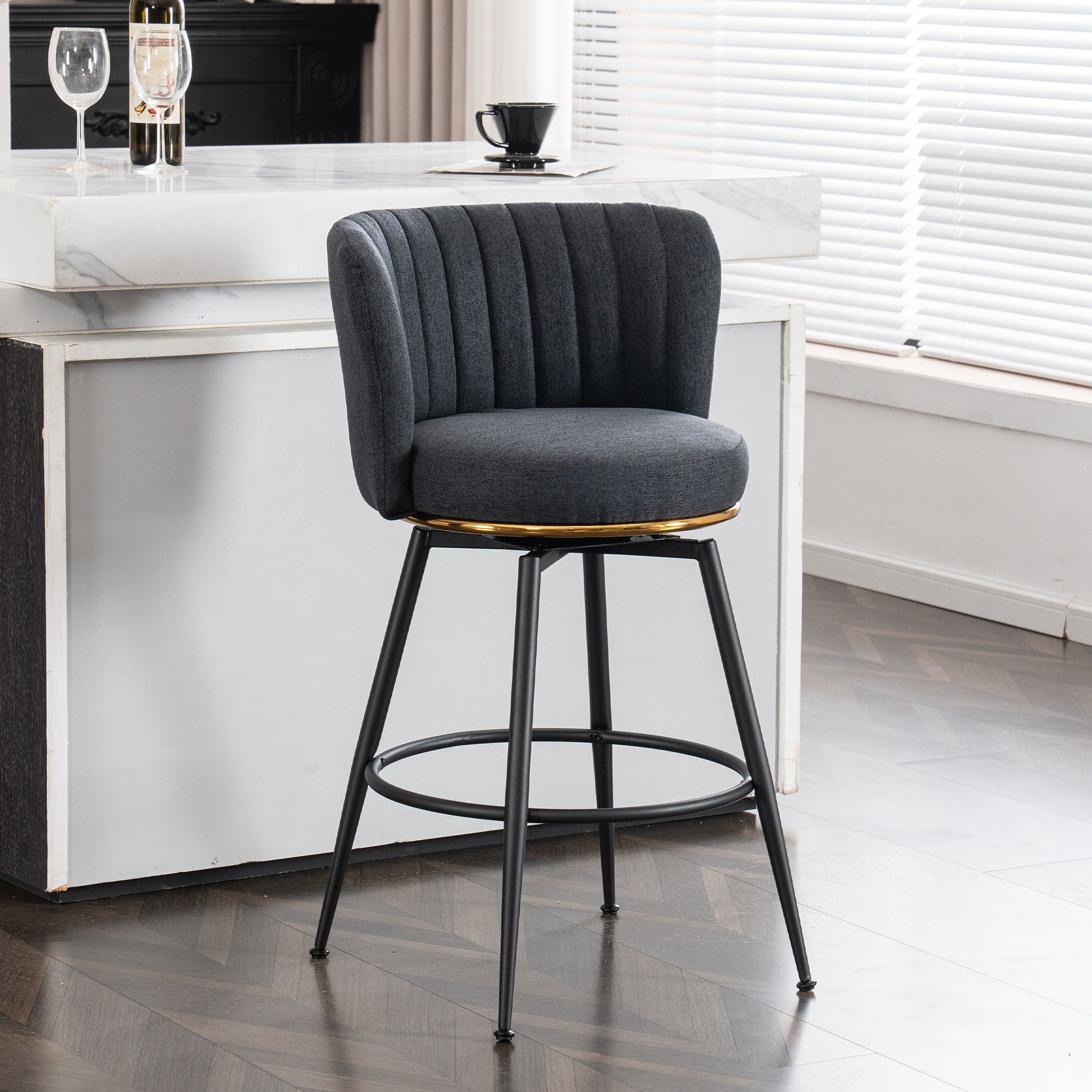 Swivel Bar Stools, High-Back, Adjustable, Upholstered With Elegant Metal Back Accents For Kitchen, Bar, Or Dining Room (Set of 2)