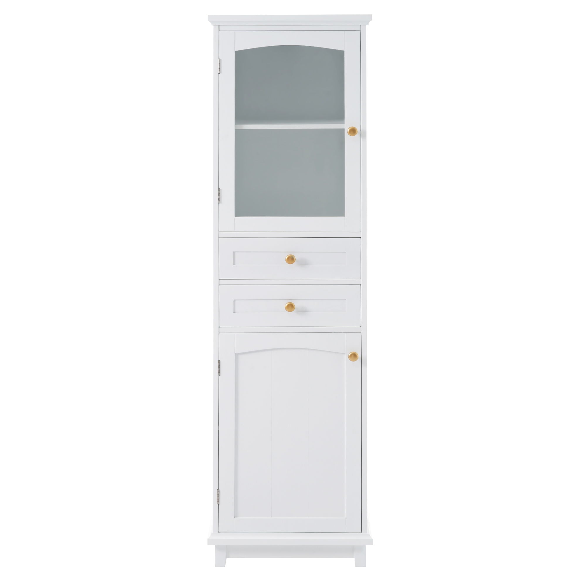 Tall Bathroom Storage Cabinet With Glass Doors, Free-Standing, Two Drawers, And Adjustable Shelves, MDF Board, Painted Perfect For Displaying Your Favorite Items