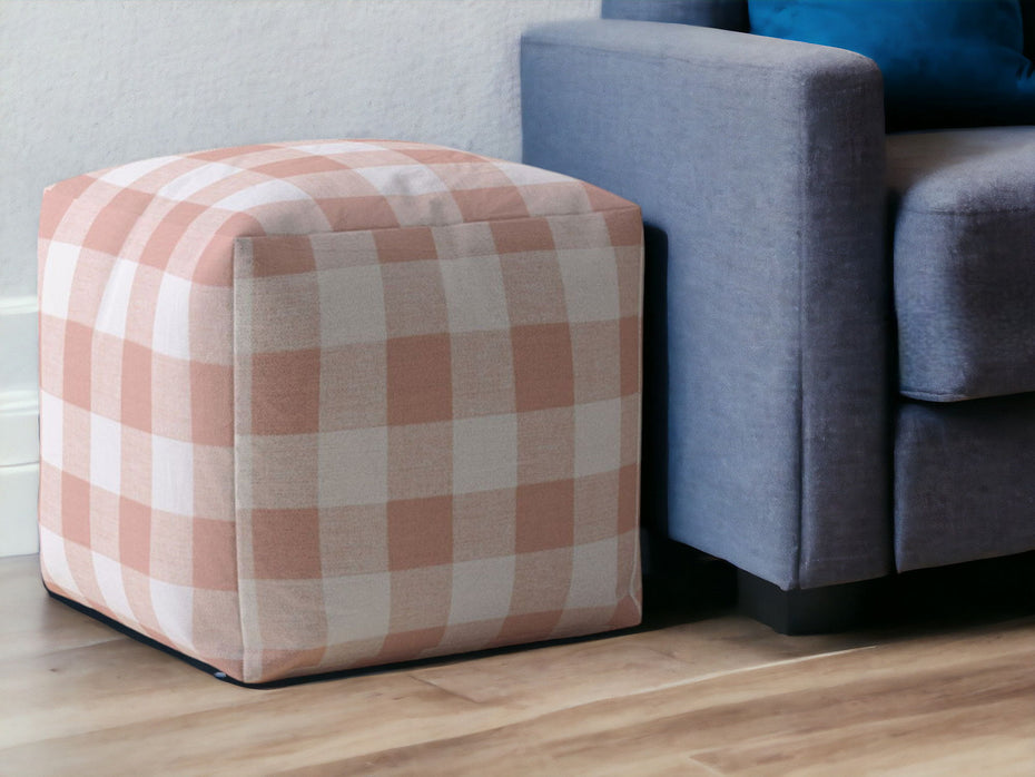 Cotton Gingham Pouf Ottoman - Pink / White