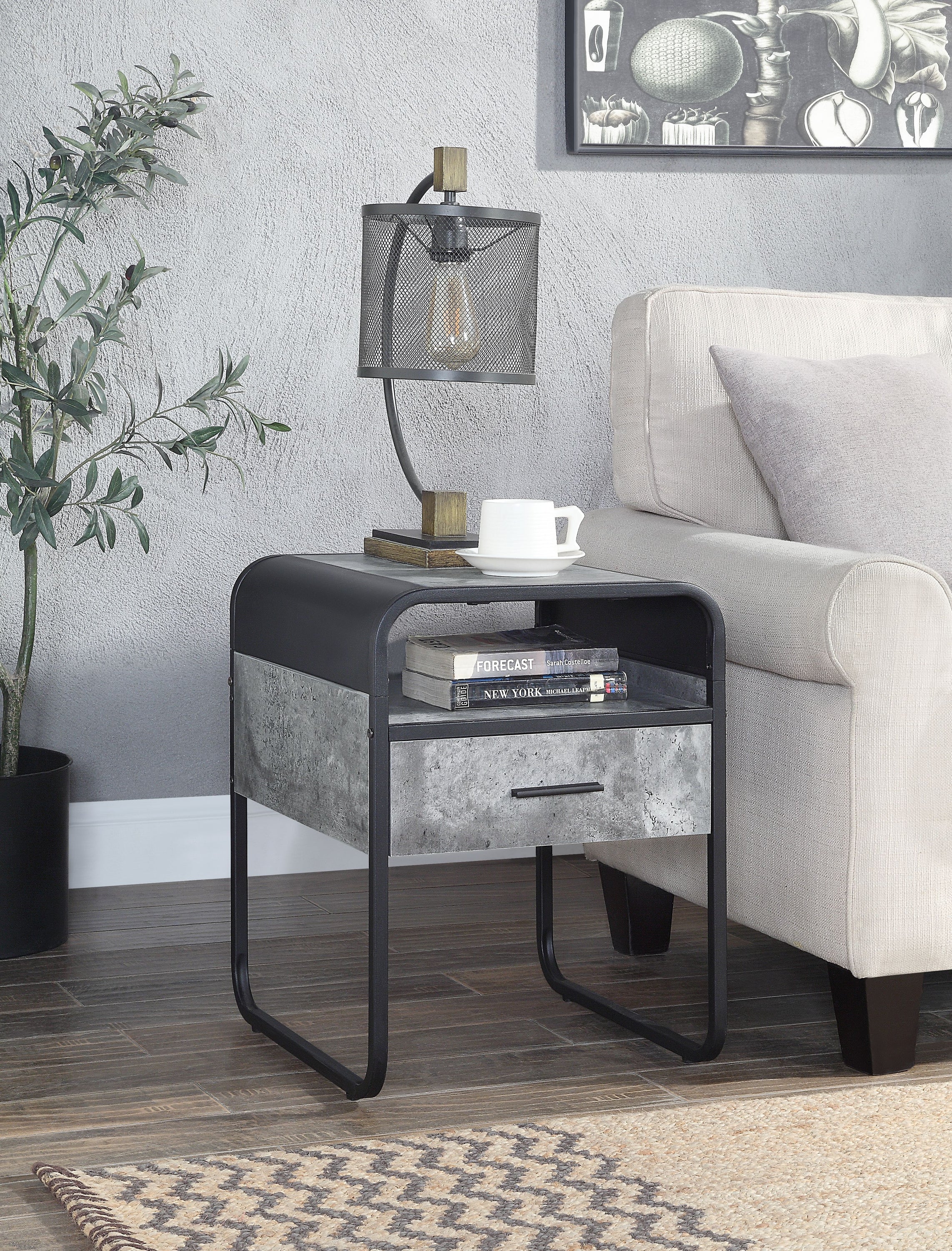 Raziela - End Table With Drawer - Concrete Gray / Black