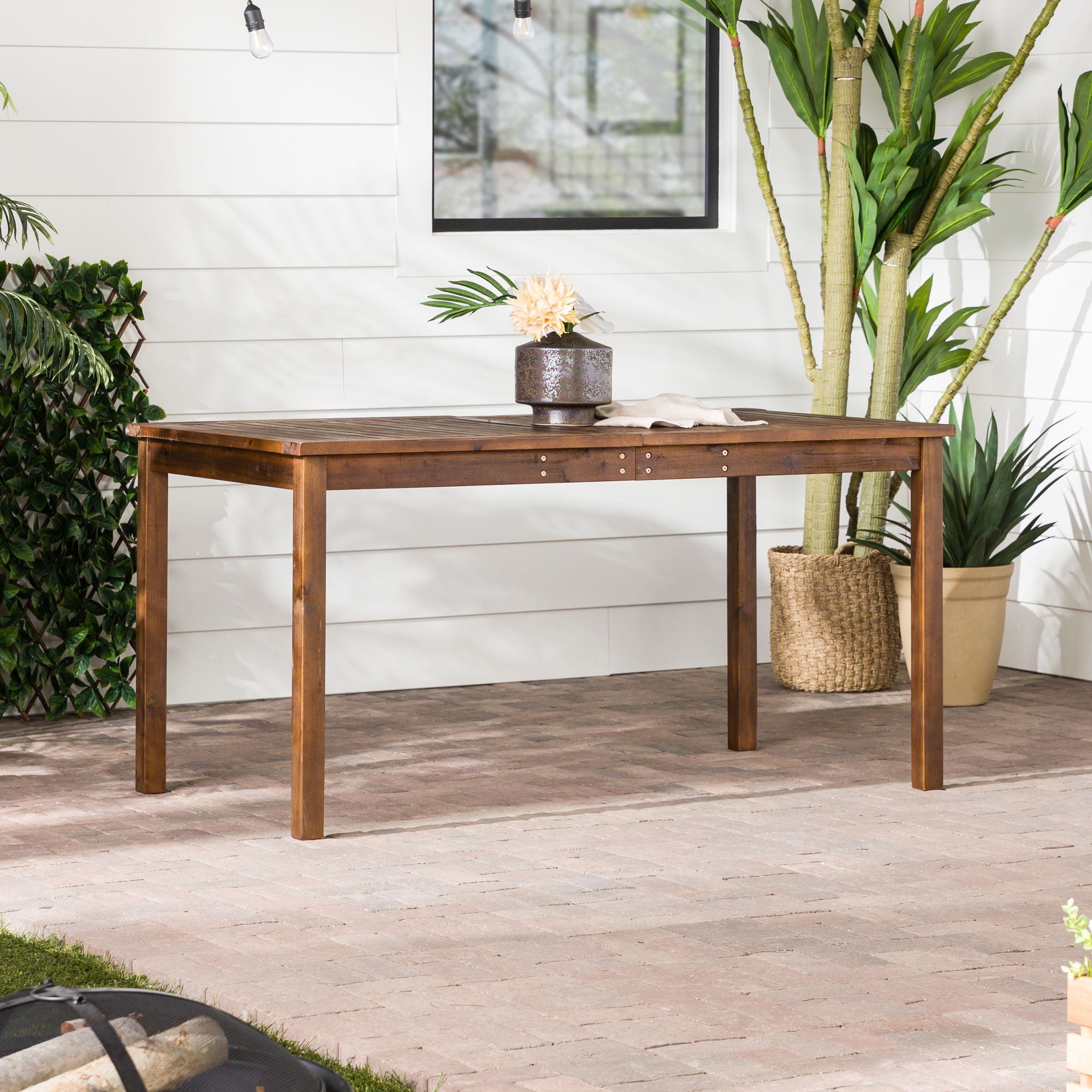 Contemporary Slat Top Acacia Wood Outdoor Dining Table