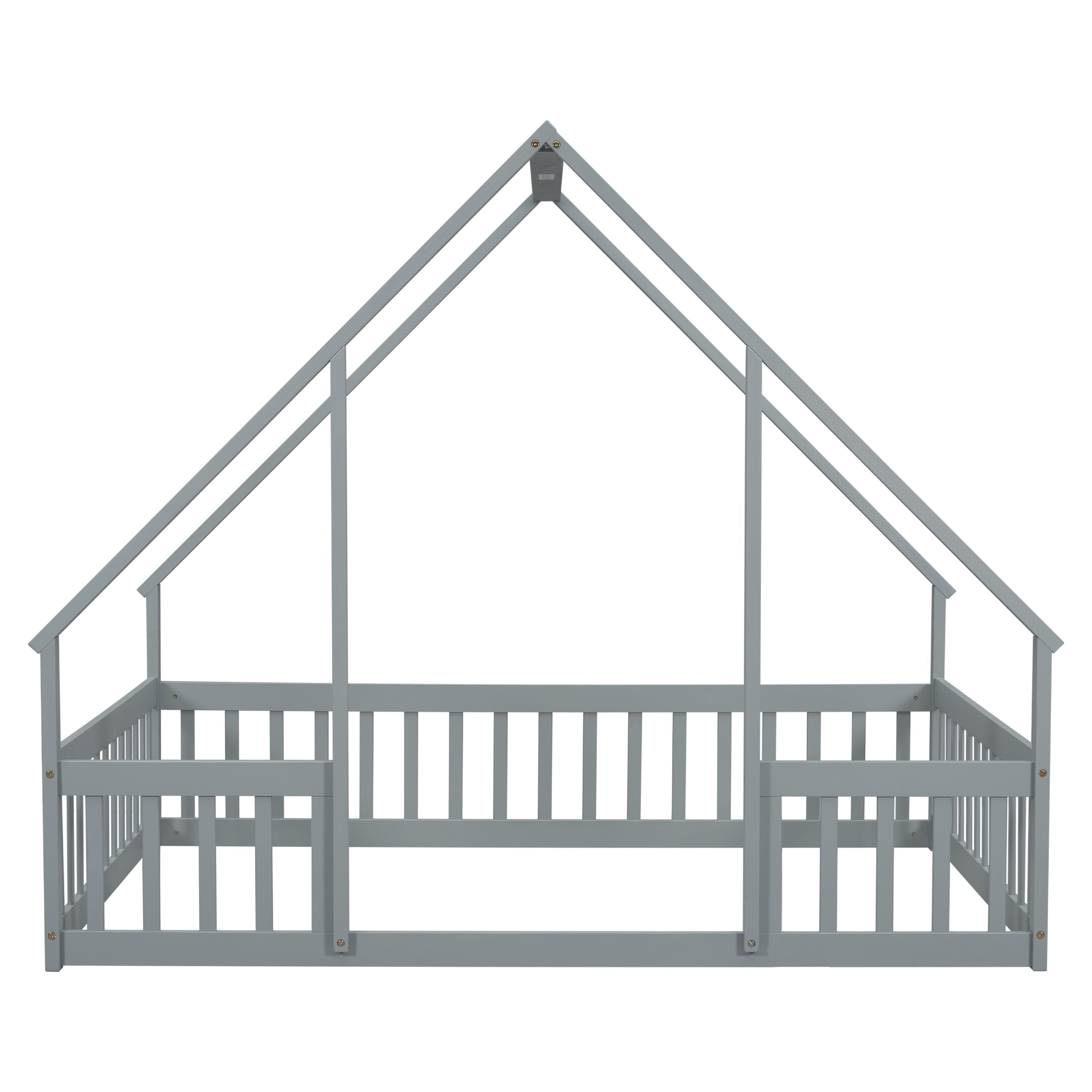 Wood House-Shaped Floor Bed With Fence, Guardrails