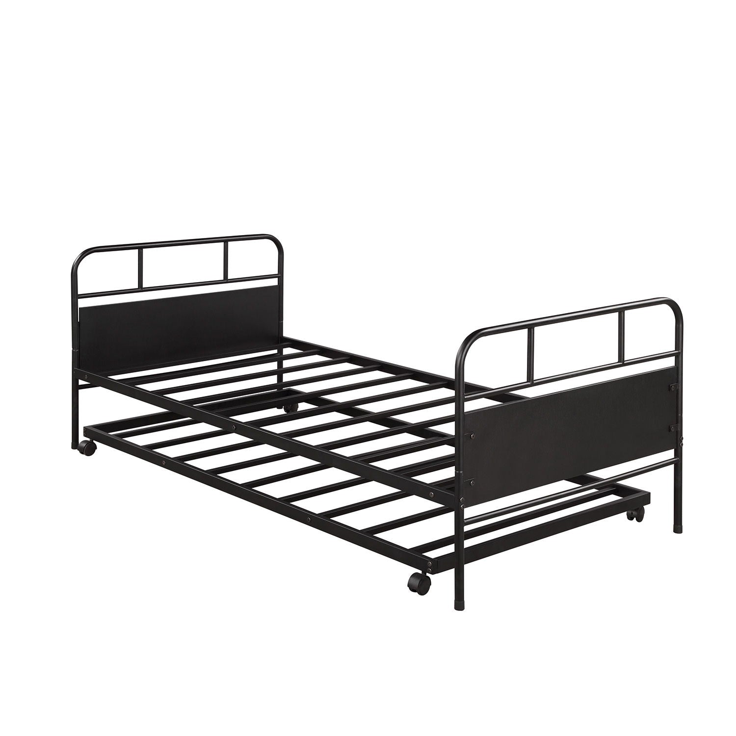 Twin Size Metal Daybed Platform Bed Frame With Trundle Built In Casters - Black