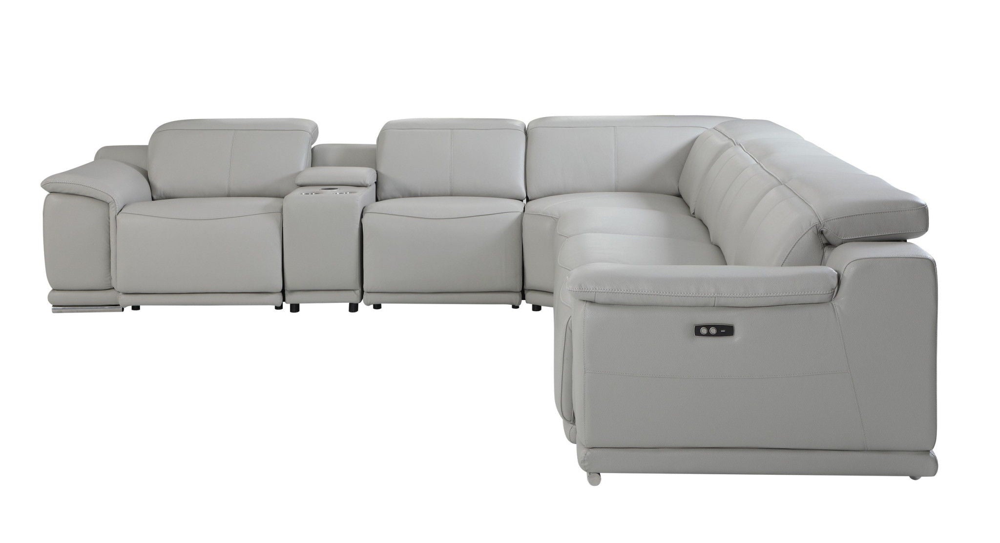 Italian Leather Power Reclining U Shaped Seven Piece Corner Sectional With Console - Light Gray