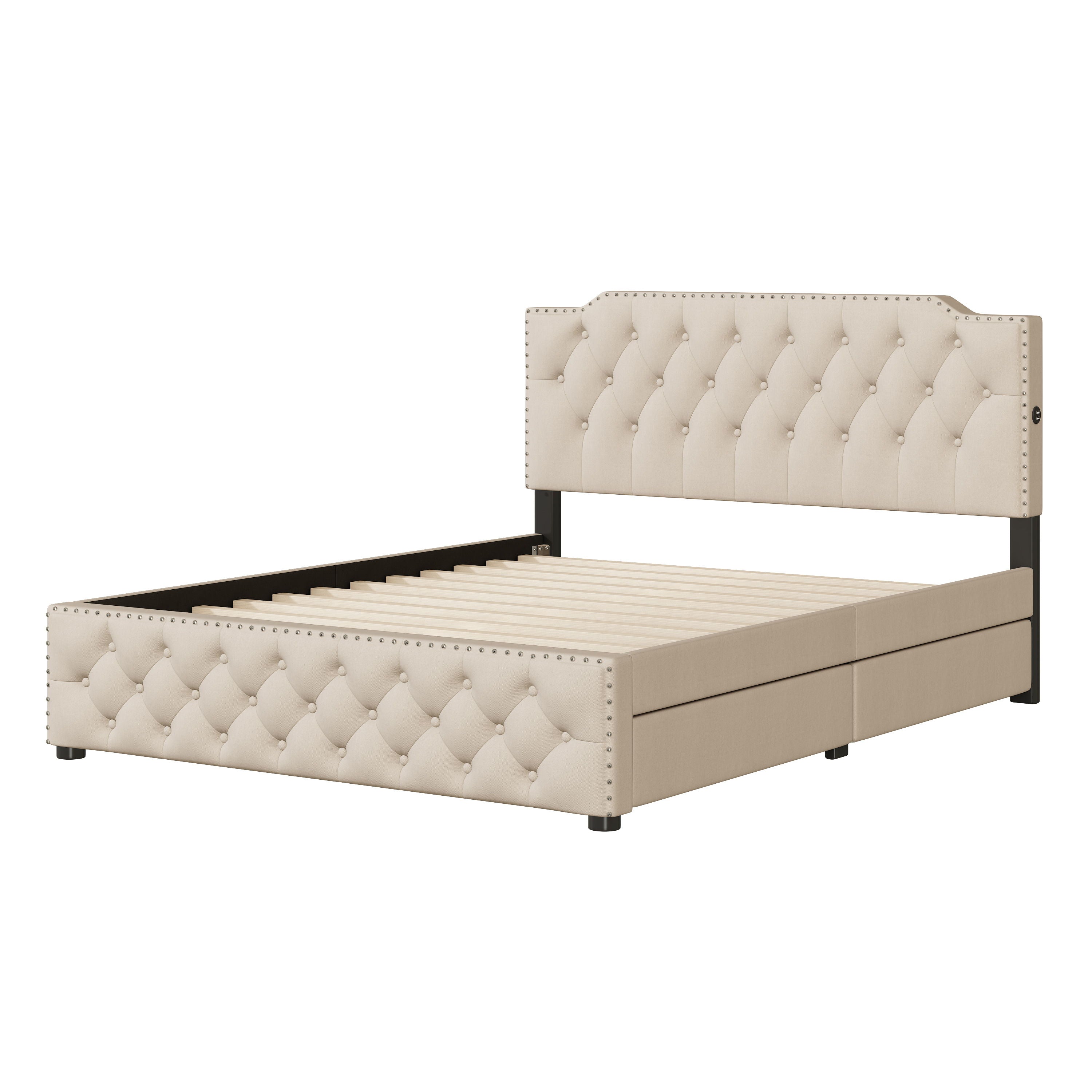 Upholstered Platform Bed With 2 Drawers And 2 Sets Of USB Ports On Each Side, Linen Fabric