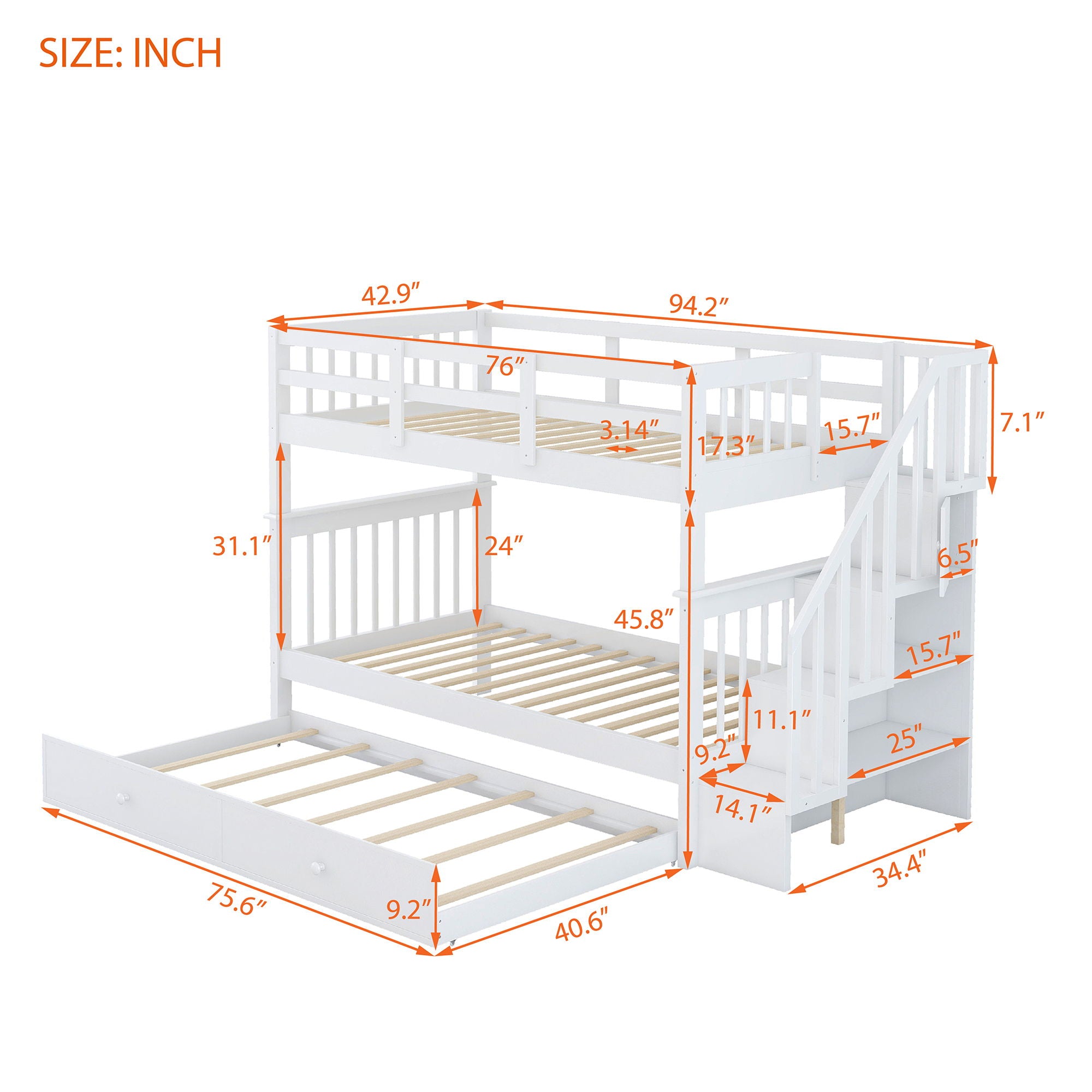 Stairway Bunk Bed With Twin Size Trundle, Storage And Guard Rail For Bedroom, Dorm