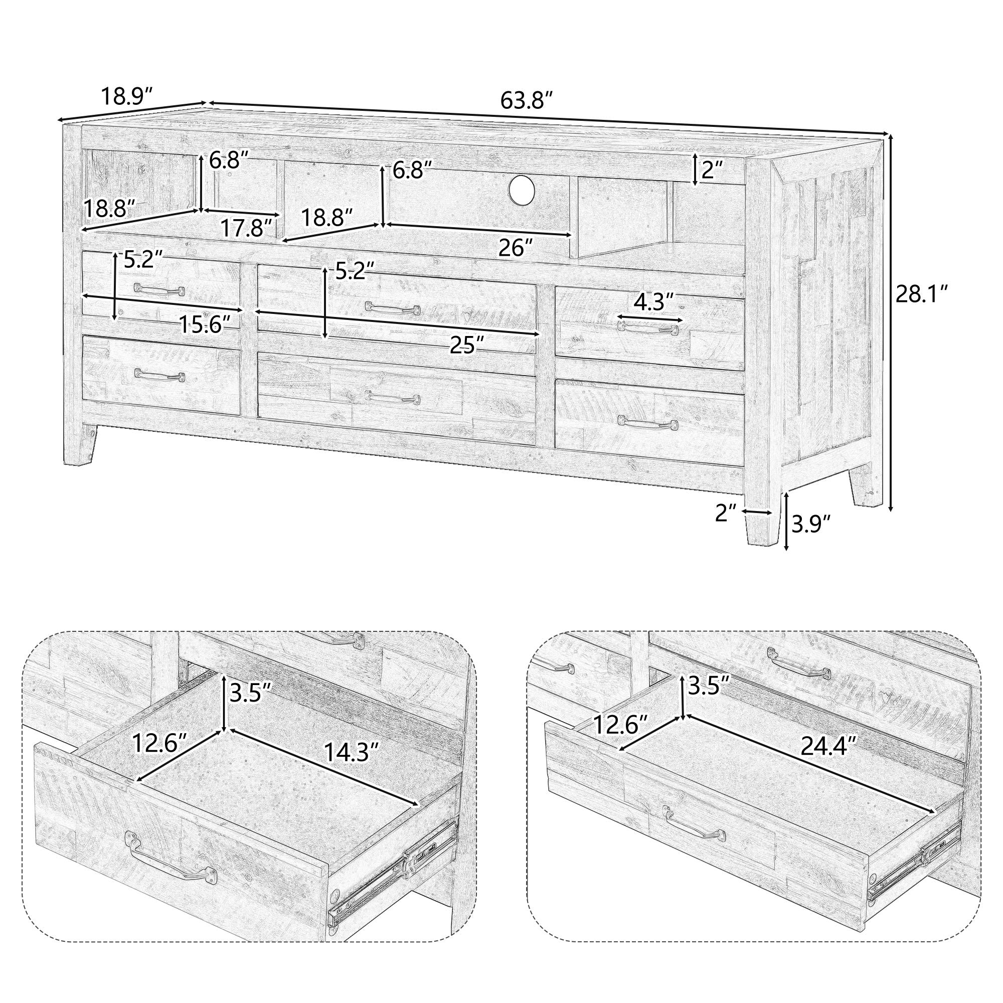 Retro Distressed Wooden TV Stand For TVs Up To 65", Entertainment Center Media Console With 6 Drawers And 3 Shelves For Living Room