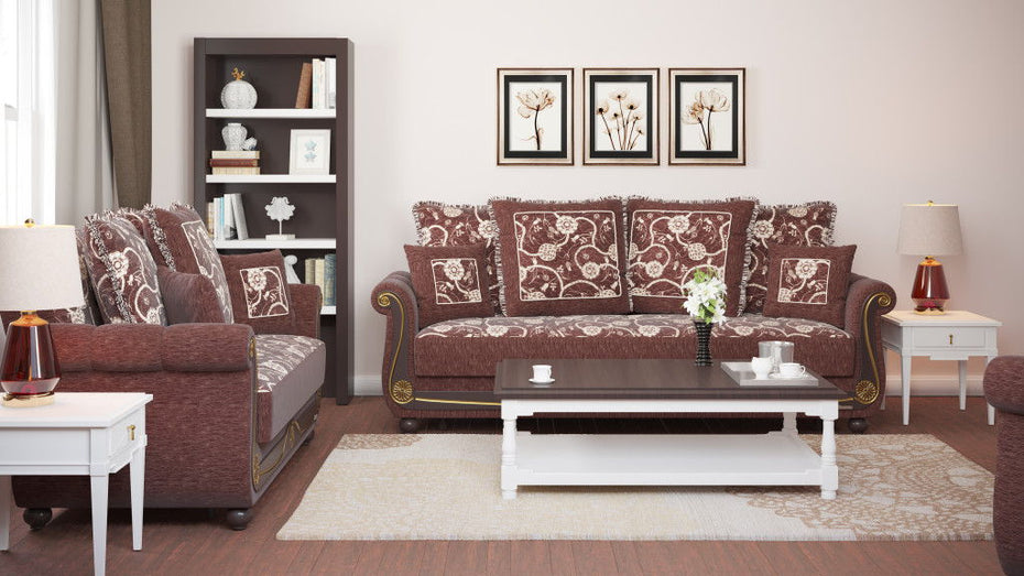 Chenille Paisley Sleeper Sofa And Toss Pillows - Brown