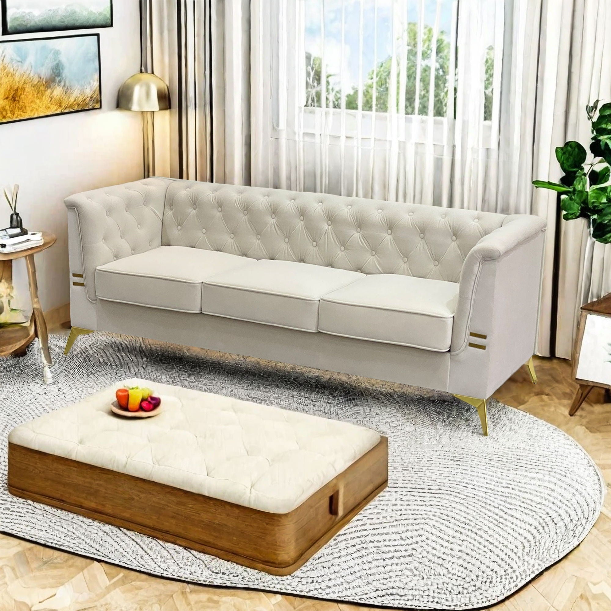 Luxurious Velvet Sofa With Gold Legs, Modern Chesterfield Design, Tufted Upholstery, 3 Seat Couch For Living Room And Office