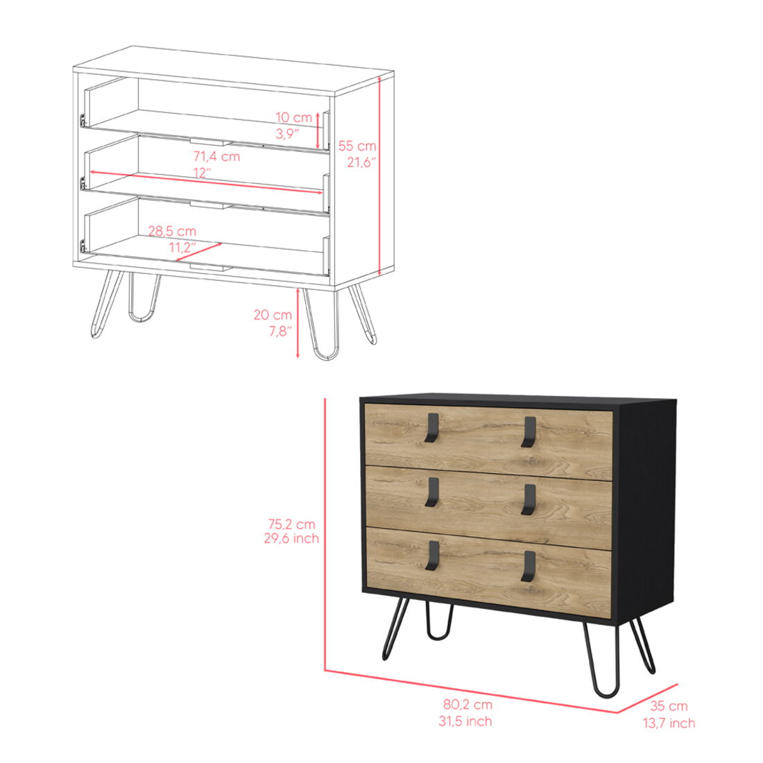 Three Drawer Dresser - Natural / Black