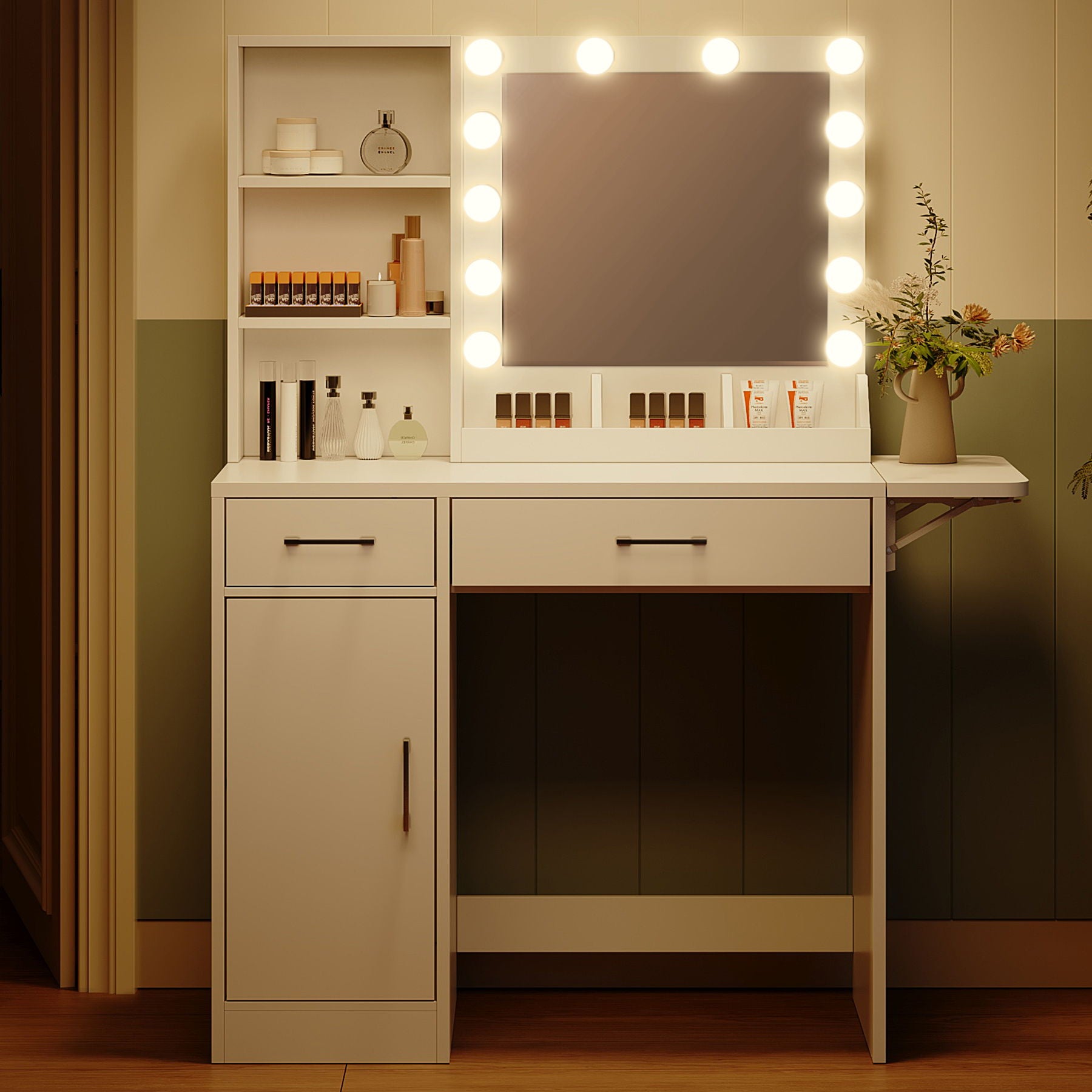 Vanity Desk With Drawers & Mirror With Lights, With Drawers & Cabinet 3 Shelves Lots Storage For Stylish Bedroom