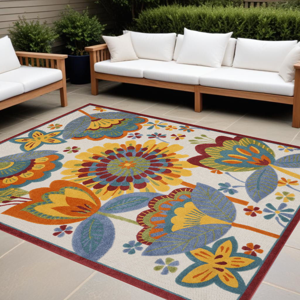 9' X 12' Floral Non Skid Indoor / Outdoor Area Rug - White Yellow / Blue