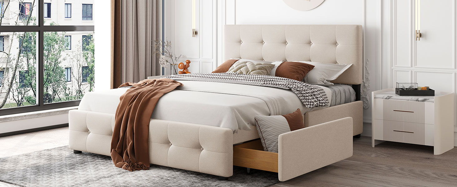 Upholstered Platform Bed With Classic Headboard And 4 Drawers, No Box Spring Needed